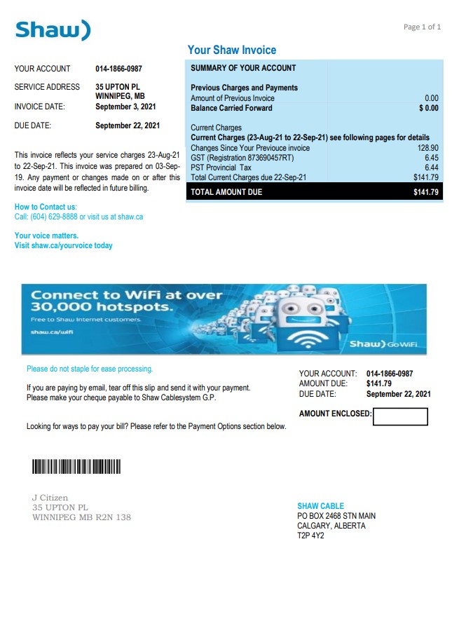 Canada Shaw utility bill